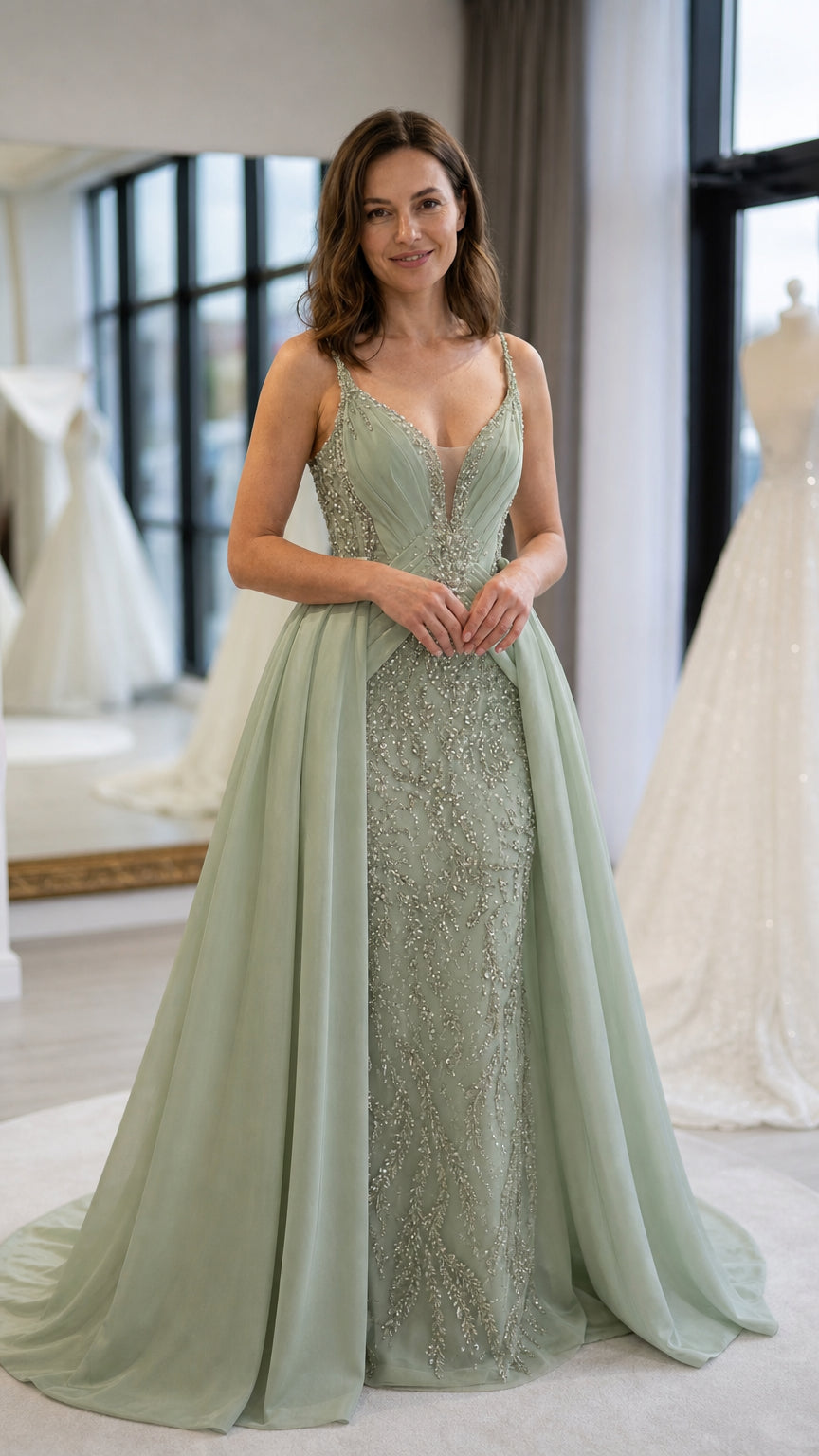 Beaded Illusion Plunge Evening Gown with Ruched Bodice and Overskirt