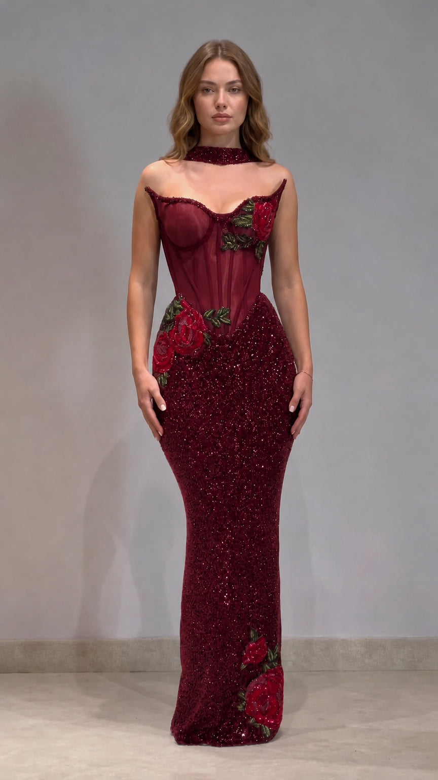 Embroidered Rose Boned Corset Sequin Mermaid Evening Gown with Choker