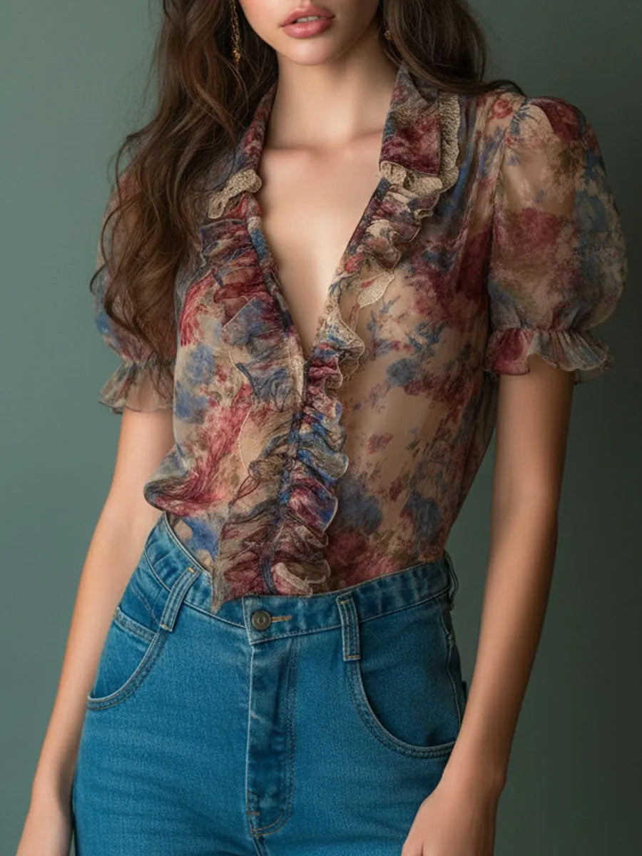 Vintage Sheer Floral Ruffle Puff Sleeve Blouse