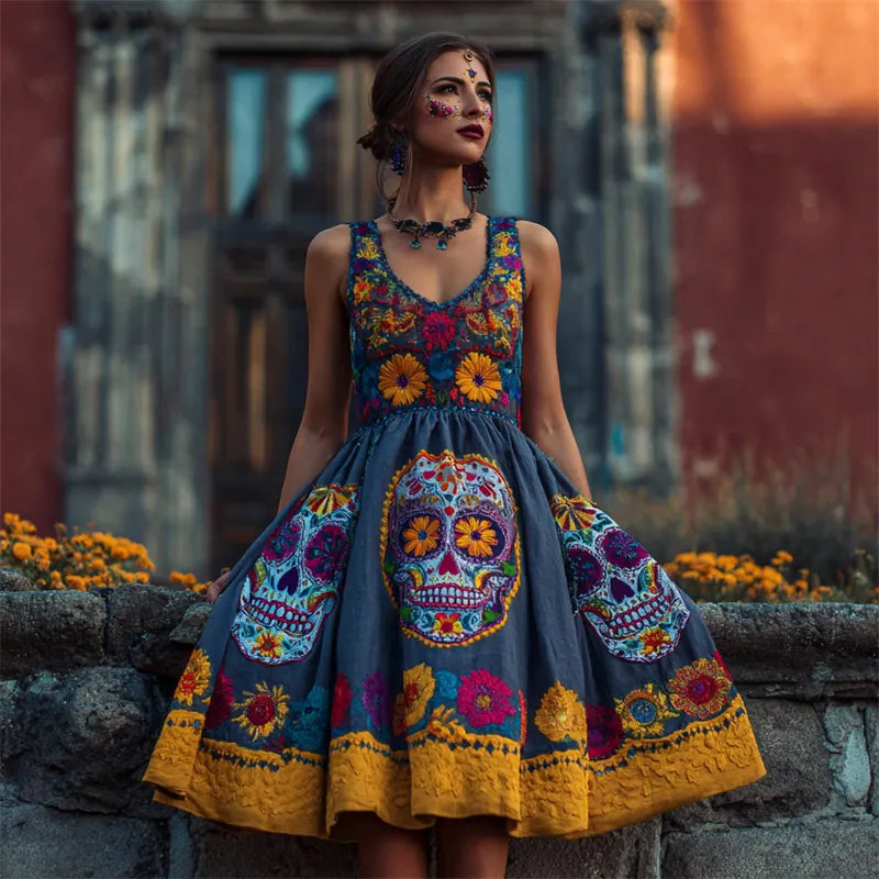 Day Of The Dead Sugar Skulls Marigolds Floral Linen Dress