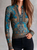 Vintage Ethnic Turquoise Floral Print Half Placket Knit Top