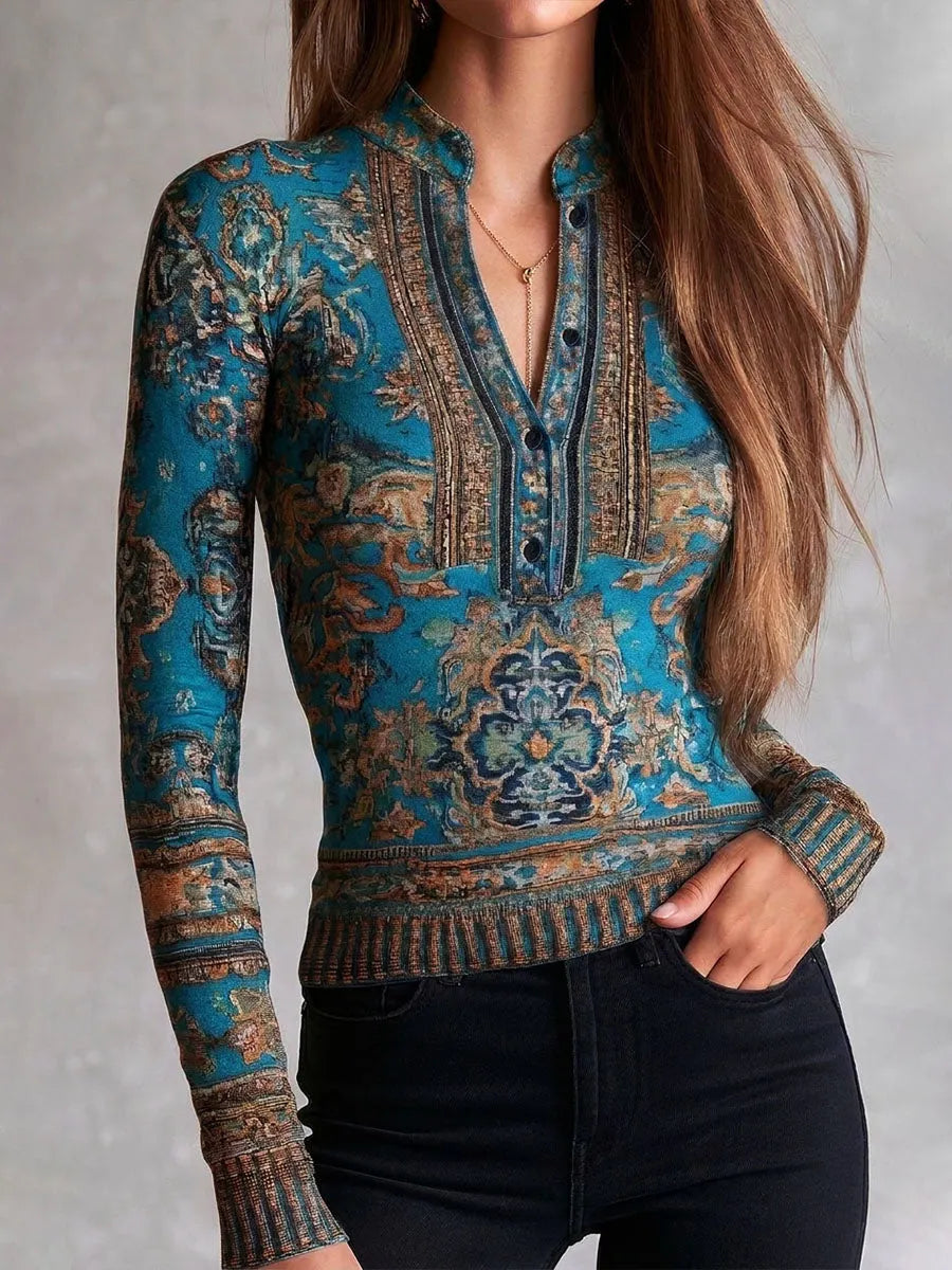 Vintage Ethnic Turquoise Floral Print Half Placket Knit Top