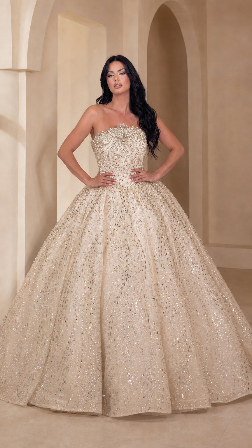Strapless Glitter Sequin Ball Gown Evening Dress with Embellished Bodice