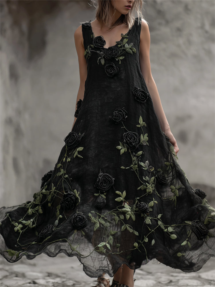 Vintage Gothic Black Roses Vines Fiber Art Flowy Linen Dress