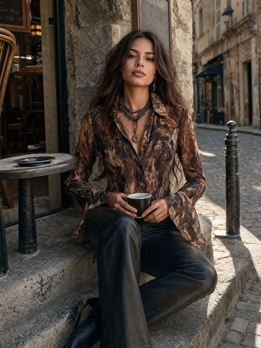 Boho Earth Tone Abstract Pattern Chiffon Blouse With Flared Sleeve